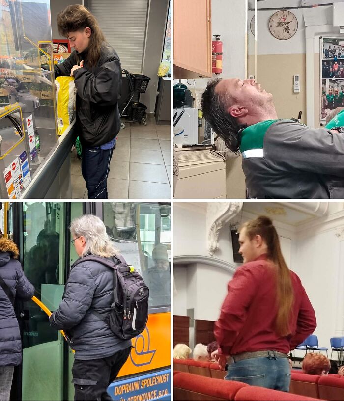 Four candid photos of people with unusual mullet hairstyles, illustrating Facebook groups celebrating internet weirdness.