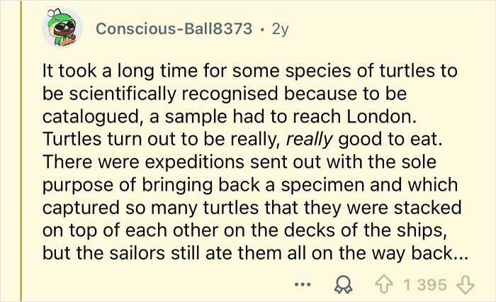 Reddit post explaining far-fetched facts about turtles and their scientific recognition and use as food.