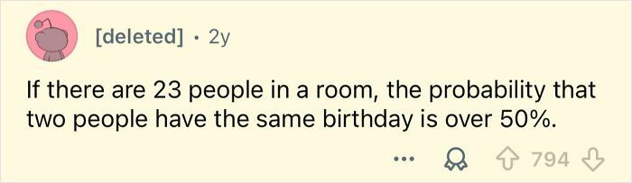 Screenshot of a Reddit comment explaining a surprising fact about the probability of shared birthdays in a group, illustrating far-fetched facts.