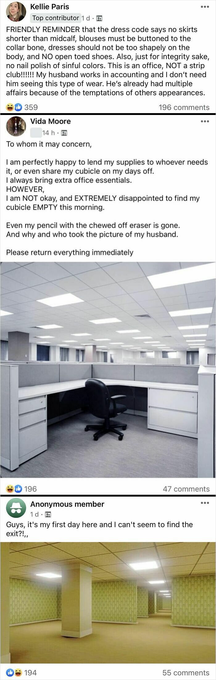 Screenshots of Facebook group posts with office dress code, missing cubicle items, and confusing office maze images.