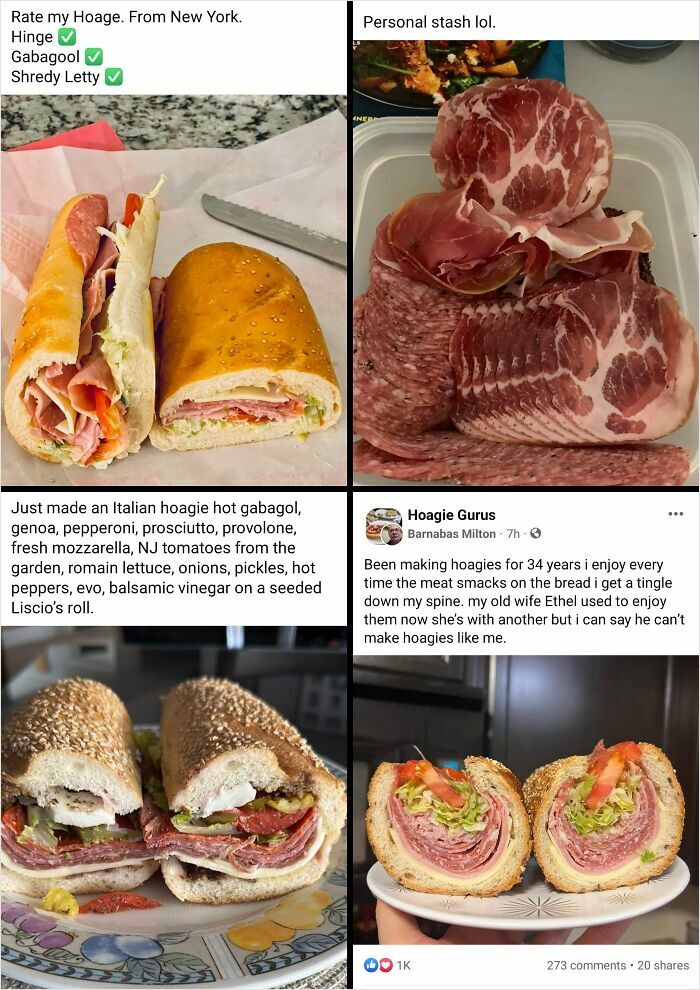 Photos of homemade hoagies with various Italian meats and fresh toppings shared in a Facebook group about unique food creations.