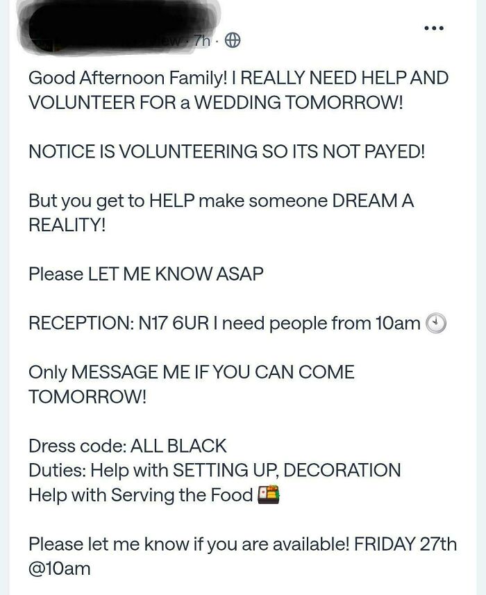 Nextdoor Post Requesting Correctly Dressed Volunteers