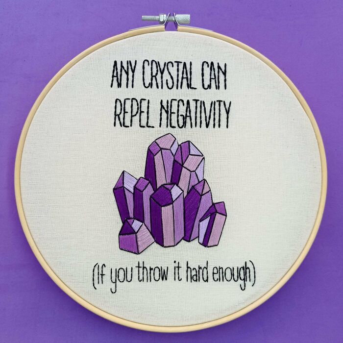 A chaotic good post with a humorous embroidery hoop art of amethyst crystals, inspiring you to be the hero.