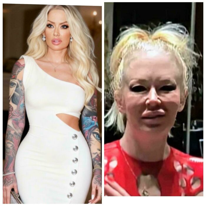A split image of a heavily tattooed woman in a dress and then looking natural on social media.