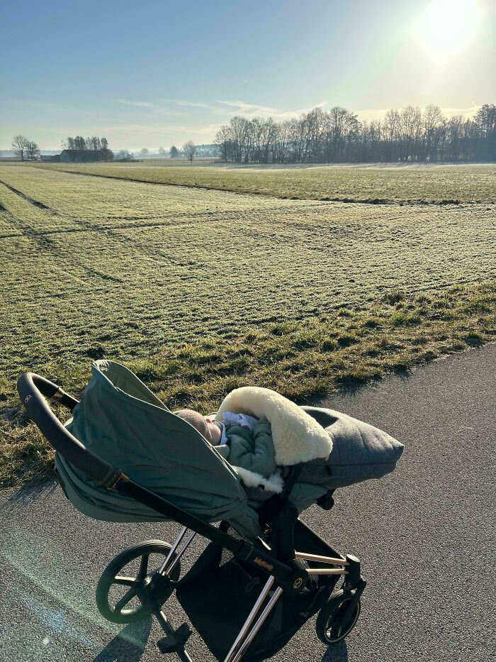 A baby sleeping peacefully in a stroller on a sunny day, showcasing great dad moments.
