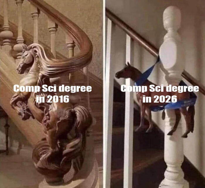 Two images showing the perceived value of a Comp Sci degree in 2016 vs. 2026 for a new job.
