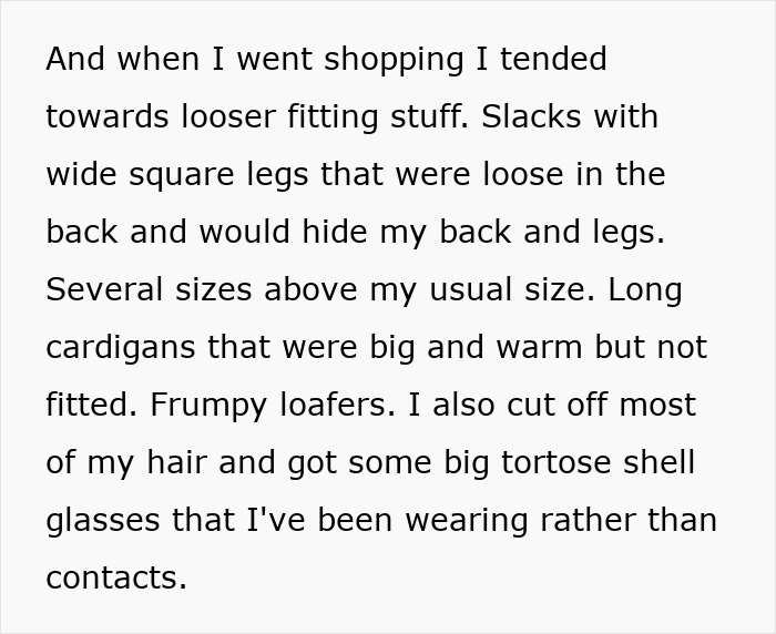 Alt text: Woman describes wearing frumpy clothes and loose-fitting outfits as a shield from harassment in professional settings.