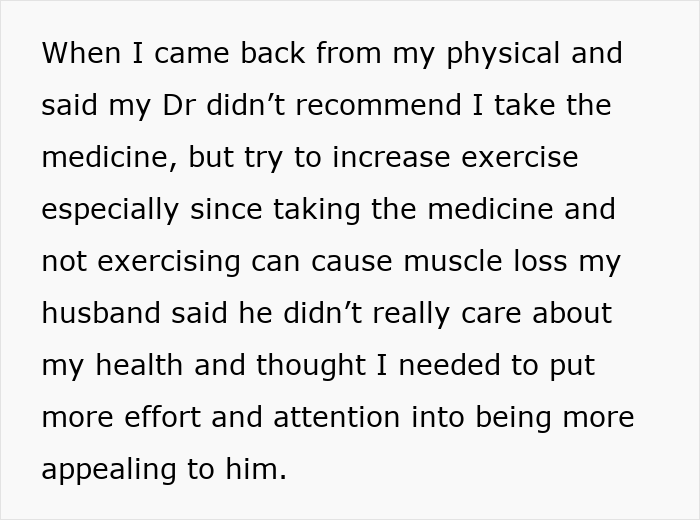 Text about a husband pressuring his wife to use prescription meds and lose weight after having a baby, showing cruelty.