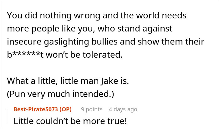 Text message conversation about standing up to insecure gaslighting bullies and a man named Jake being called little.