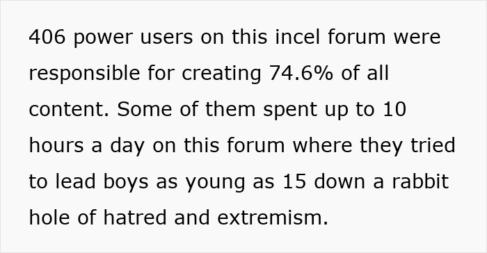 Text describing incel forum power users driving most content and promoting hatred and extremism to young boys.