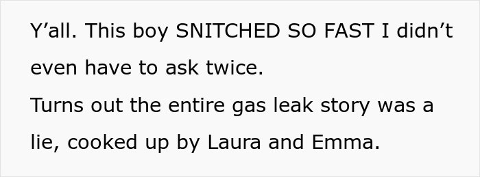 Text message screenshot showing someone revealing a lie about a gas leak, connected to family tensions and trust issues.