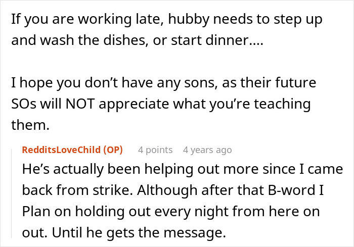 Screenshot of a Reddit conversation about a man complaining about paying the price and eating fast food while wife works longer shifts.