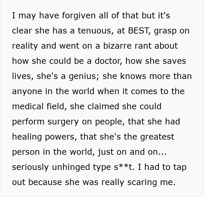 Text describing a woman&rsquo;s mental instability and delusions, relating to psychiatric nurse and patient situation.