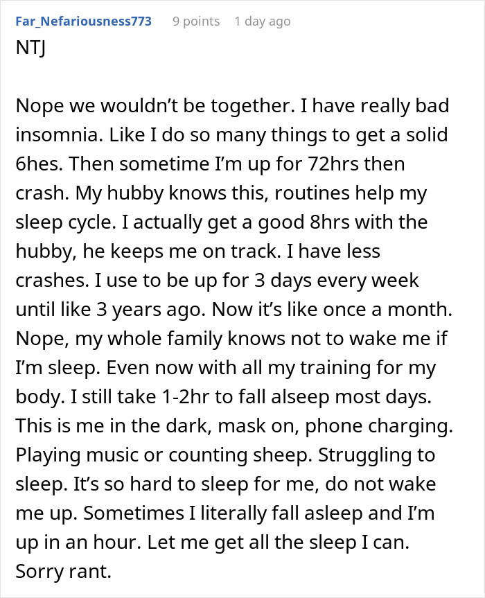 Comment about insomnia and sleep routines, highlighting challenges and support in a relationship with a woman and her boyfriend.