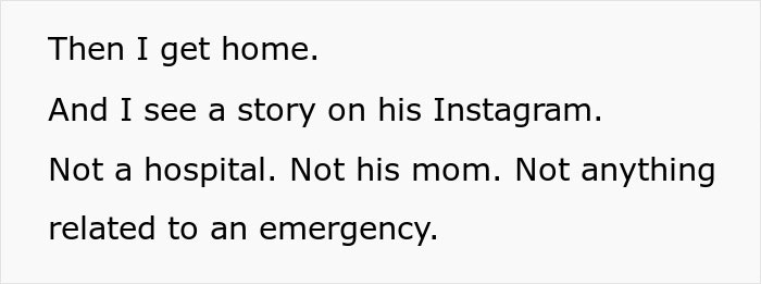 Text excerpt showing a woman discovering a guy faked an emergency during a first date through his Instagram story.