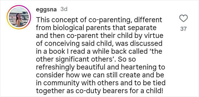 Screenshot of social media post discussing the pros and cons of platonic co-parenting and creating community for child-rearing.