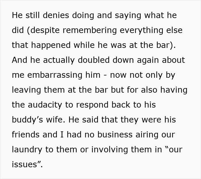 Text excerpt discussing a woman confronting her drunk boyfriend refusing to stop acting like a jerk.