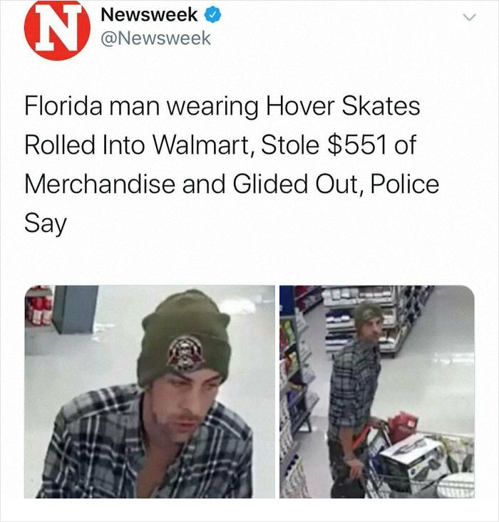 Man wearing hover skates steals merchandise at Walmart in bizarre news headline from America captured on security camera.