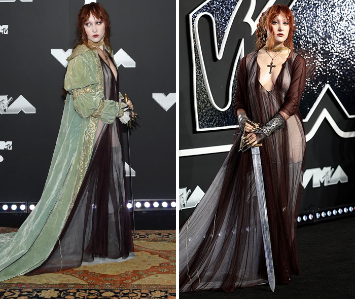 Chappell Roan wearing bold dark sheer gown and vintage green coat, holding sword at MTV event showcasing brain malfunction style.