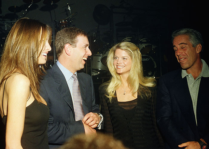 Jeffrey Epstein and Prince Andrew seen laughing with two women in a dimly lit social event, related to exotic dancer allegations.