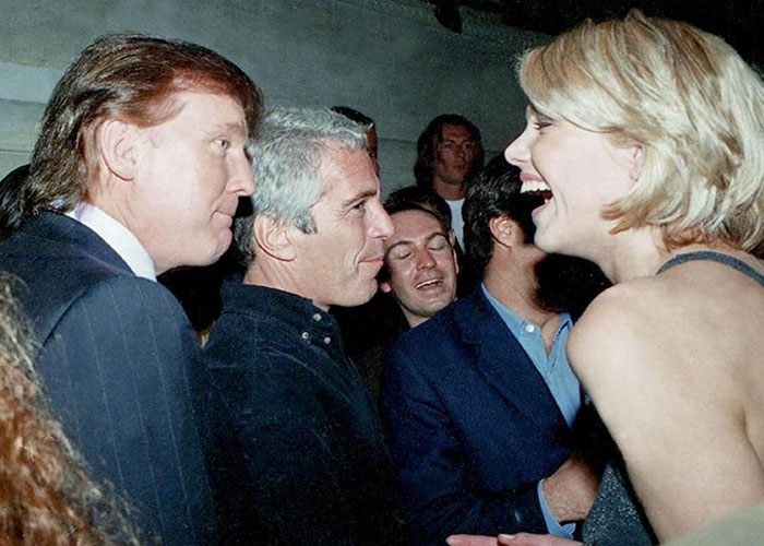 Donald Trump and Jeffrey Epstein in a social setting with other people, related to Epstein investigation and Ghislaine.