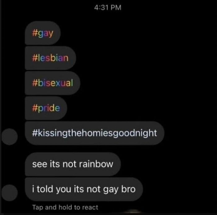Text message conversation showing hashtags related to LGBTQ plus pride with a sarcastic tone in hilarious memes.