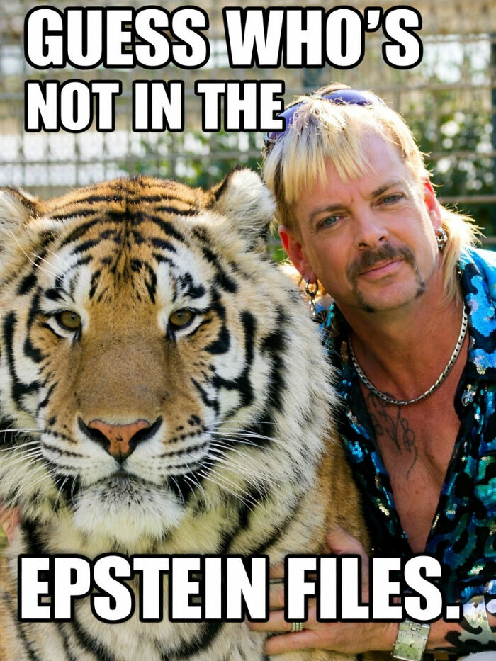 Joe Exotic posing with a tiger, referencing the Epstein files in a viral internet post.