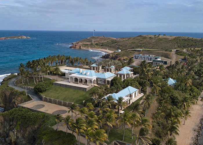 Aerial view of Epstein Island showing the estate and surrounding ocean seen in mobile game players catching Pok&eacute;mon controversy.