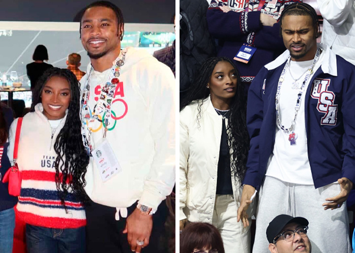 Two athletes wearing Team USA apparel, attending the 2026 Winter Olympics and engaging with fans in the crowd.