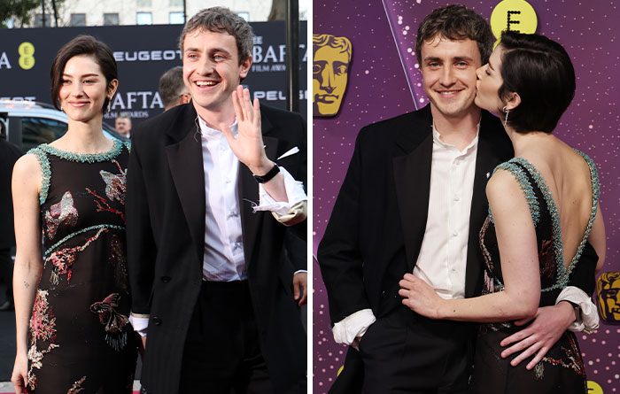 Two celebrities smiling and posing on the red carpet showcasing viral celebrity moments at the 2026 BAFTAs event.