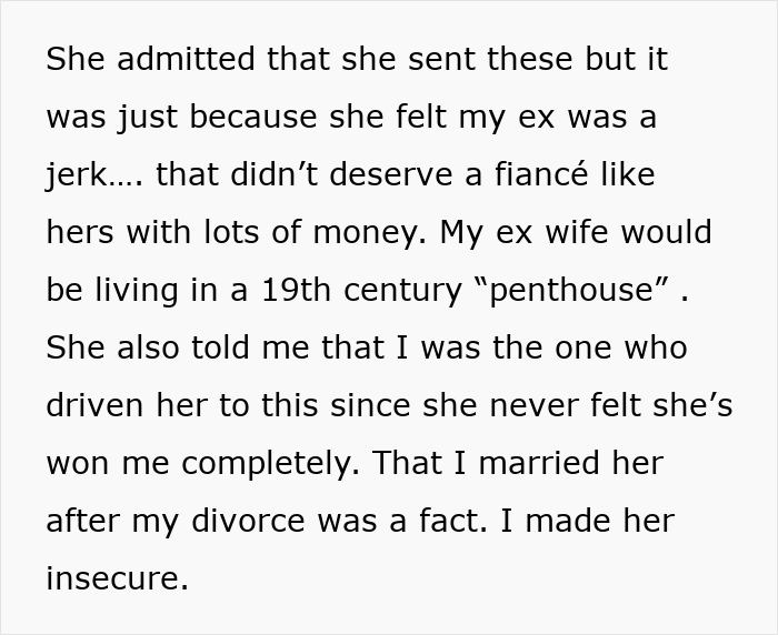 Text excerpt showing a man’s reflection on his ex marrying a wealthy fiancé and revealing her insecurity and resentment. Text excerpt showing a man’s reflection on his ex marrying a wealthy fiancé and revealing her insecurity and resentment.
