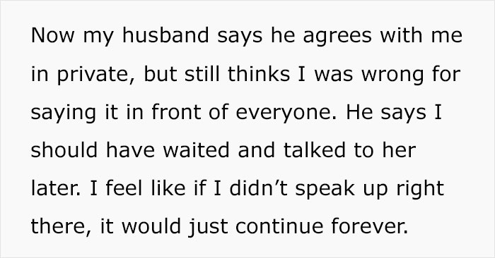 Text excerpt describing a woman defending herself after her mother-in-law publicly shamed her, causing emotional tension.