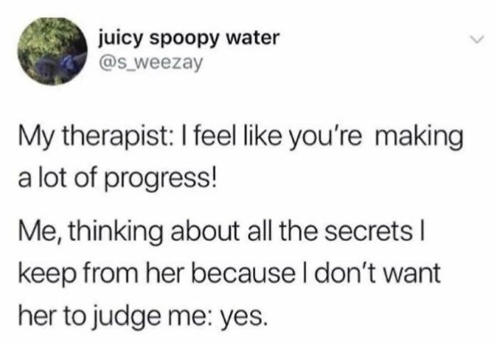 Text meme showing a cynical therapy conversation about progress and hidden secrets, reflecting hilarious memes with cynicism.