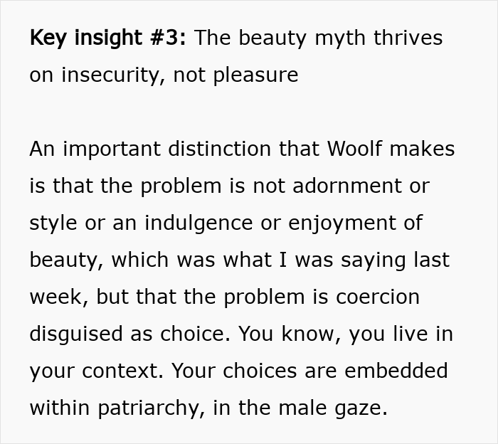 Text excerpt explaining how beauty standards thrive on insecurity and coercion disguised as choice within patriarchal context. Text excerpt explaining how beauty standards thrive on insecurity and coercion disguised as choice within patriarchal context.