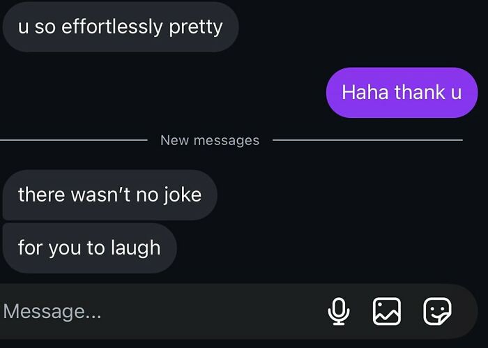 Text message exchange meme showing a sarcastic and cynical conversation highlighting humor and effortless pretty compliments.