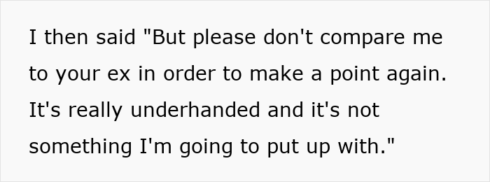 Text excerpt showing a boyfriend clapping back after girlfriend compares him to her ex, causing relationship drama.