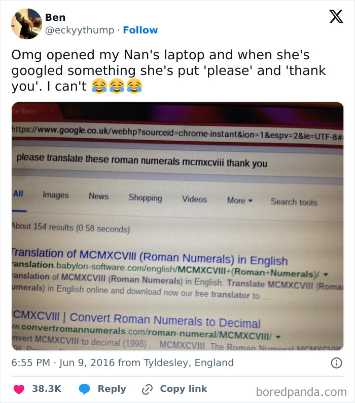 Boomers trying to use technology humorously add polite words like please and thank you when googling.