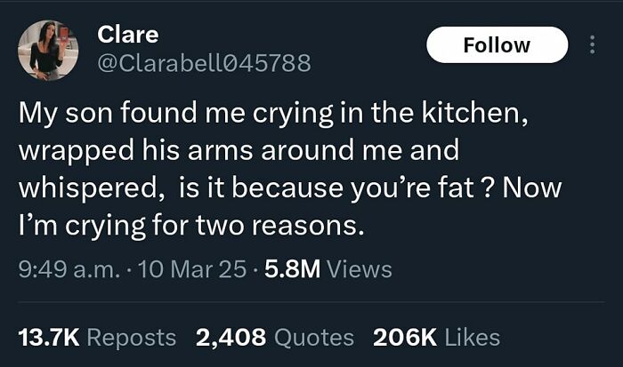 Tweet showing a humorous and cynical meme about a mother crying and her son's blunt comment, reflecting sarcastic humor in viral memes.