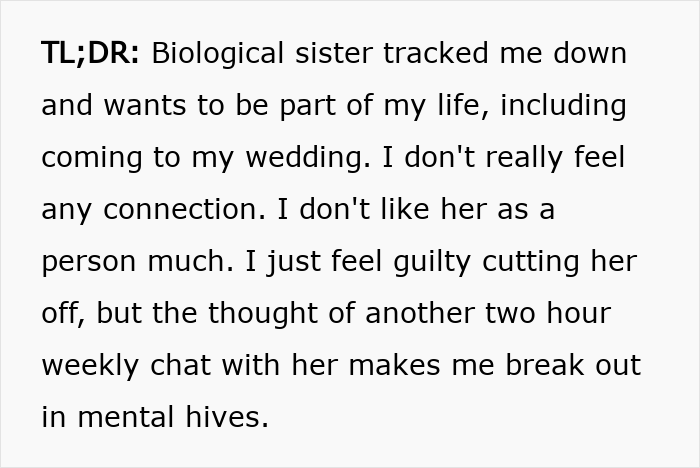 Woman Finds Biological Sister Wanting To Connect, Assumes She’s Invited To Her Wedding Woman Finds Biological Sister Wanting To Connect, Assumes She’s Invited To Her Wedding