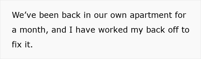 Text on a white background stating someone has worked hard fixing their apartment after returning a month ago.