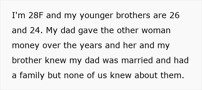 Text post from a woman revealing her father had a secret son for decades, causing family tension and heartbreak.