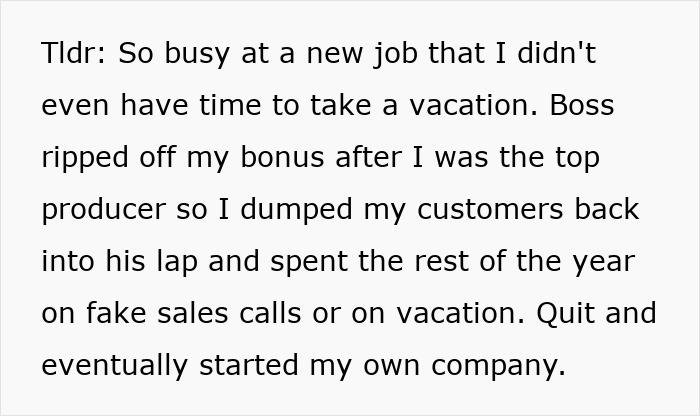 Text about top employee delivering record results but receiving excuses instead of a bonus from boss leading to exit plans.