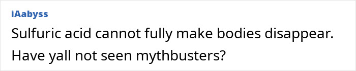 Comment about sulfuric acid's effect on bodies from iAabyss in a text post discussing Epstein Island investigation files.