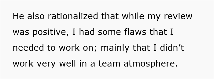 Text excerpt highlighting a top employee's performance review mentioning flaws and teamwork issues despite delivering record results.
