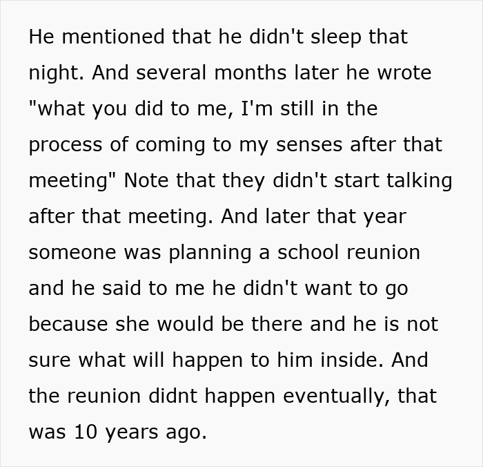 Excerpt from married man texts woman he loved 15 years ago, reflecting on emotional impact and a missed school reunion.