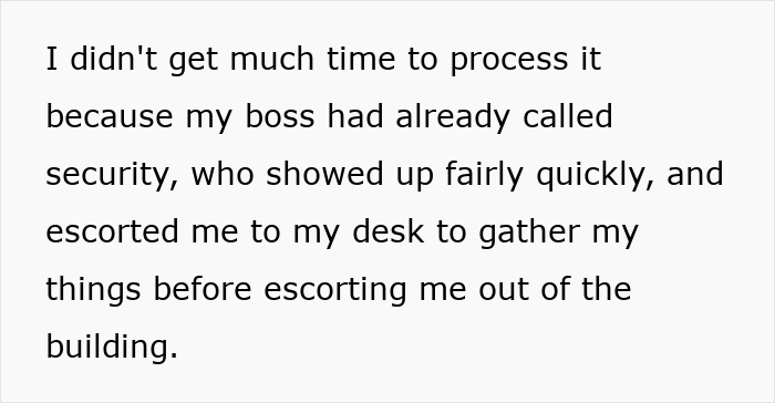 Text excerpt describing a man fired over a crude drawing, highlighting security escort and workplace conflict.