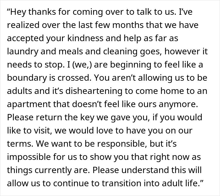 Note showing frustration as roommate&rsquo;s parents use spare key and act like babysitters, crossing boundaries at home.