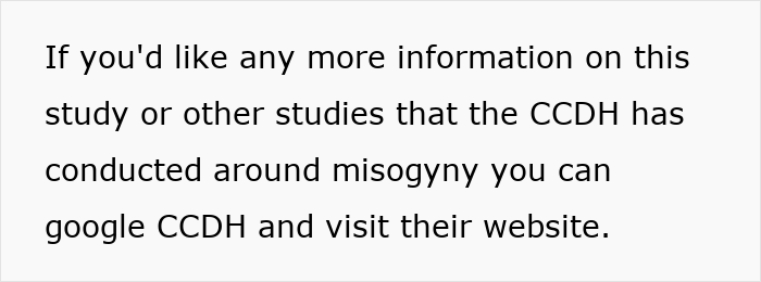 Text slide with information about CCDH studies on misogyny and a suggestion to google CCDH for more details.