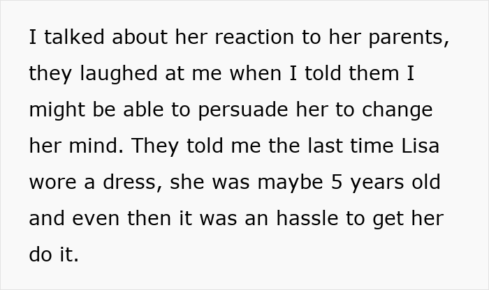 Text showing a guy discussing his girlfriend refusing to wear dresses, highlighting relationship struggles over dress choices.