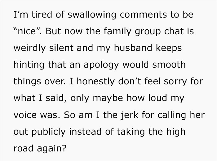 Alt text: Woman makes mother-in-law cry after public confrontation and shaming, showing no regret for her bold response.